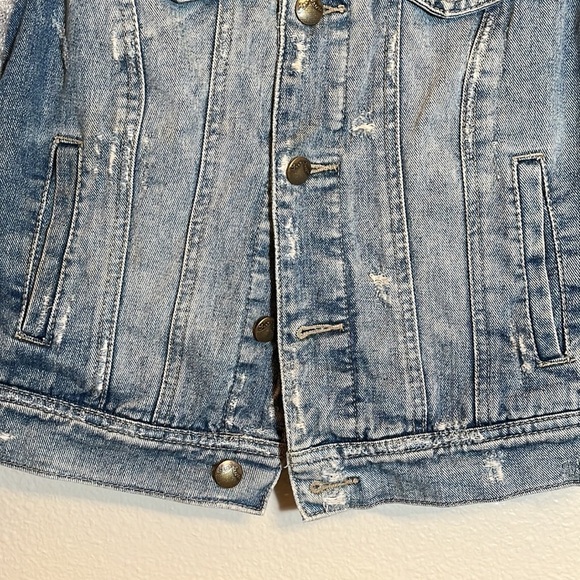 Free People Distressed Denim Knit Sleeves Jean Jacket - Picture 6 of 16